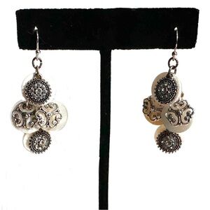 Chandelier Dangle Earrings White Shell Discs Silver Tone Filigree Beach Boho